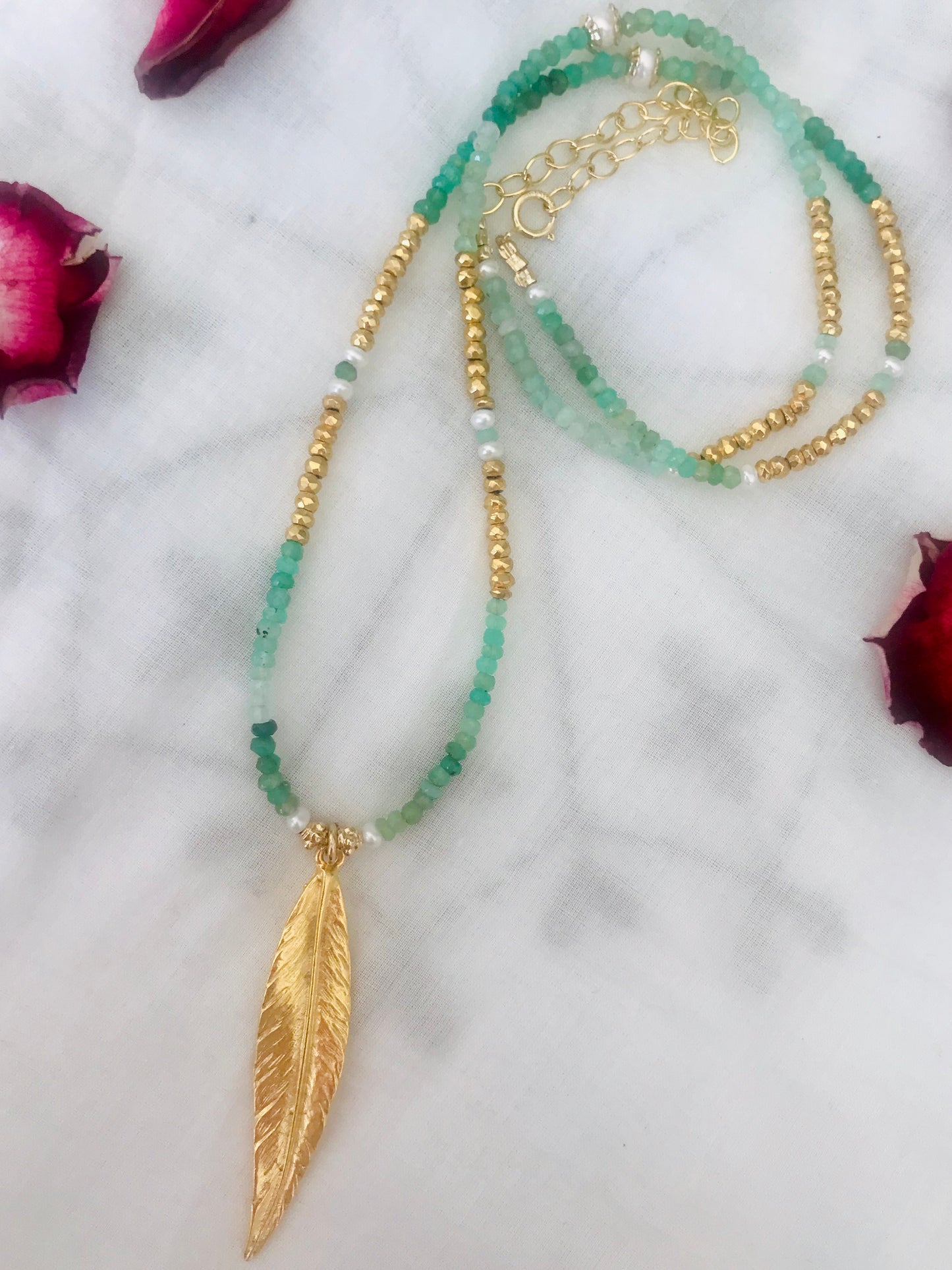 Chrysoprase long Feather Charm Necklace