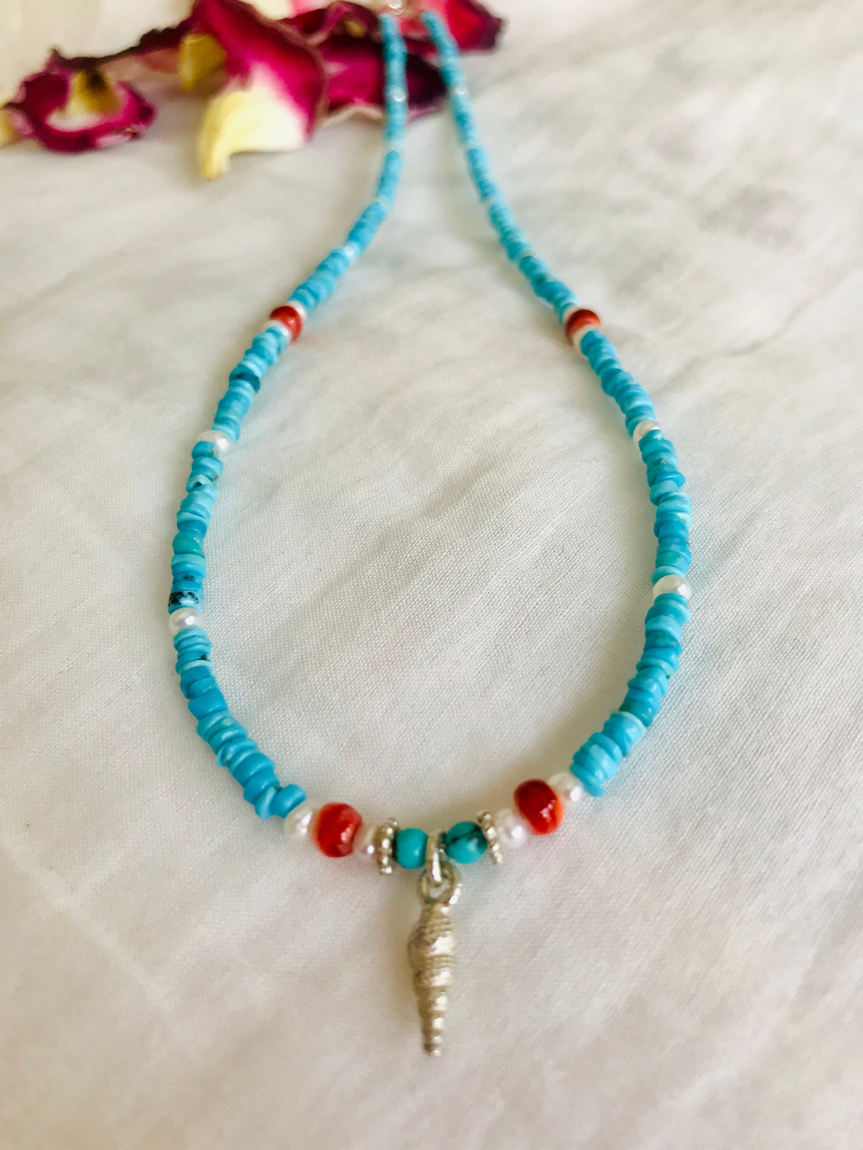 Turquoise and Coral Silver Sea Shell Charm