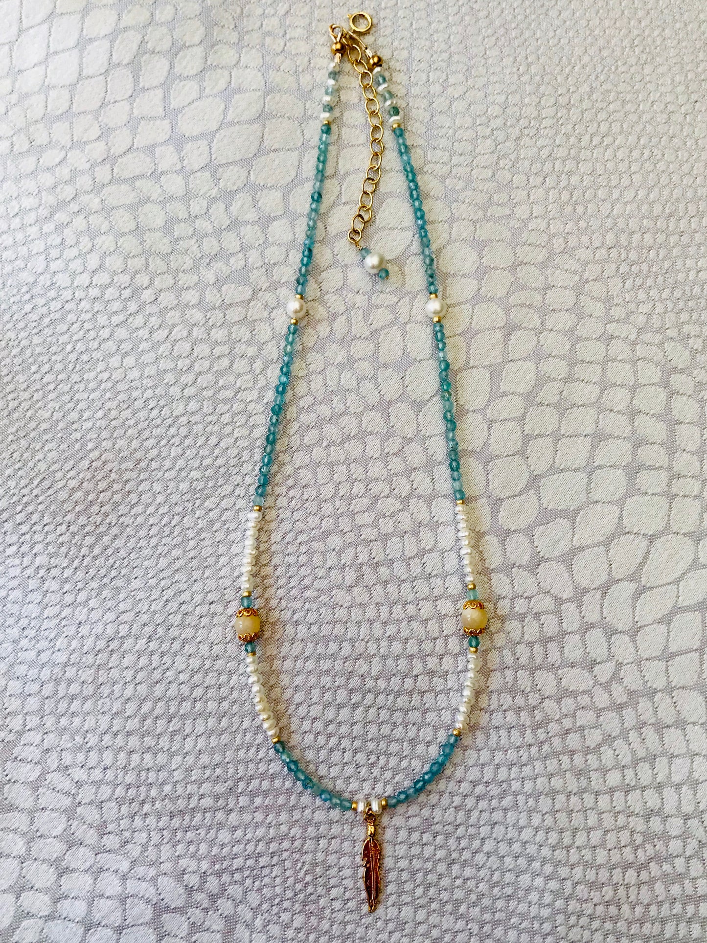 Apatite Mother of Pearl Feather Charm Necklace