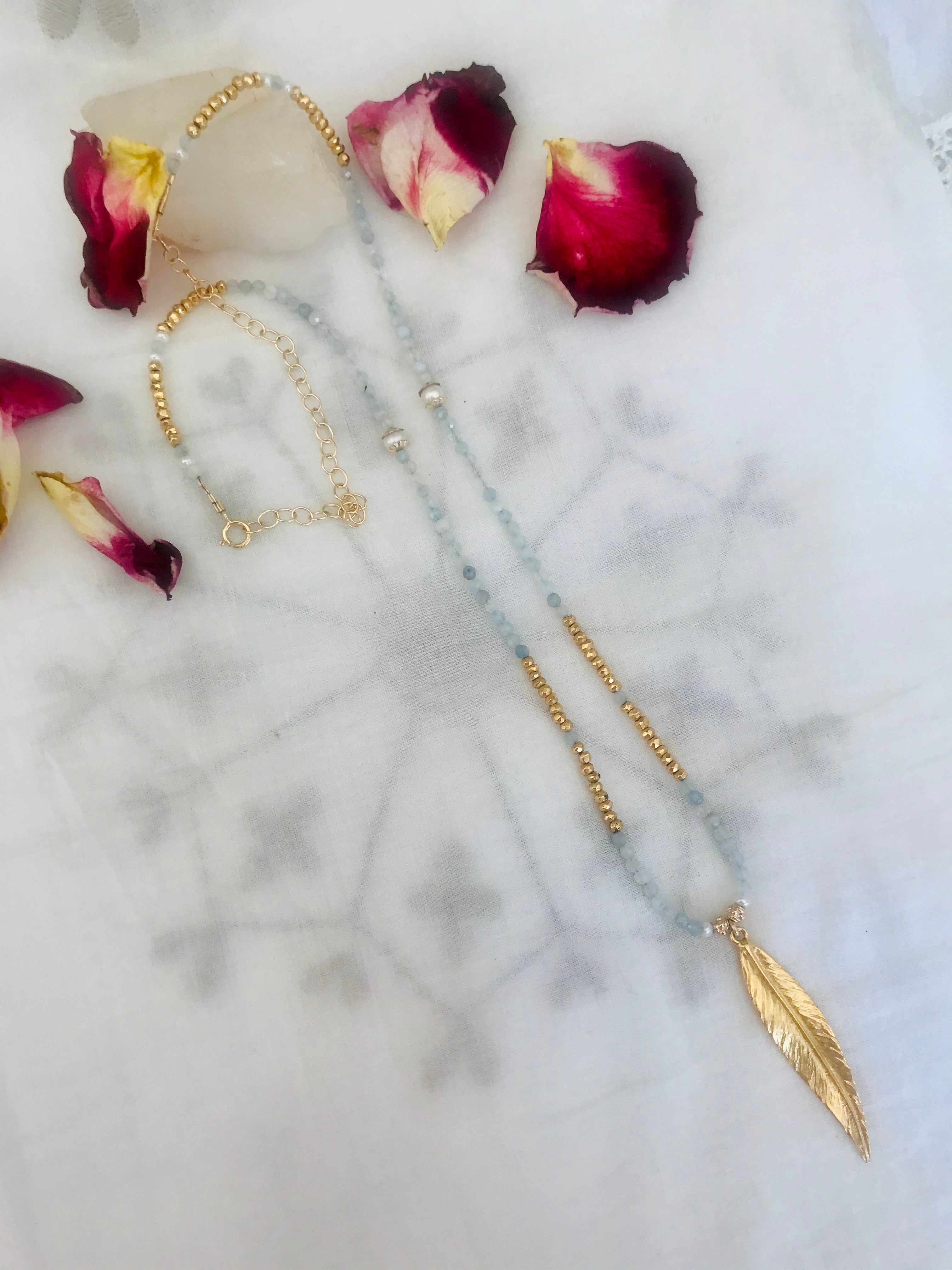 Aquamarine Long Feather Charm Necklace