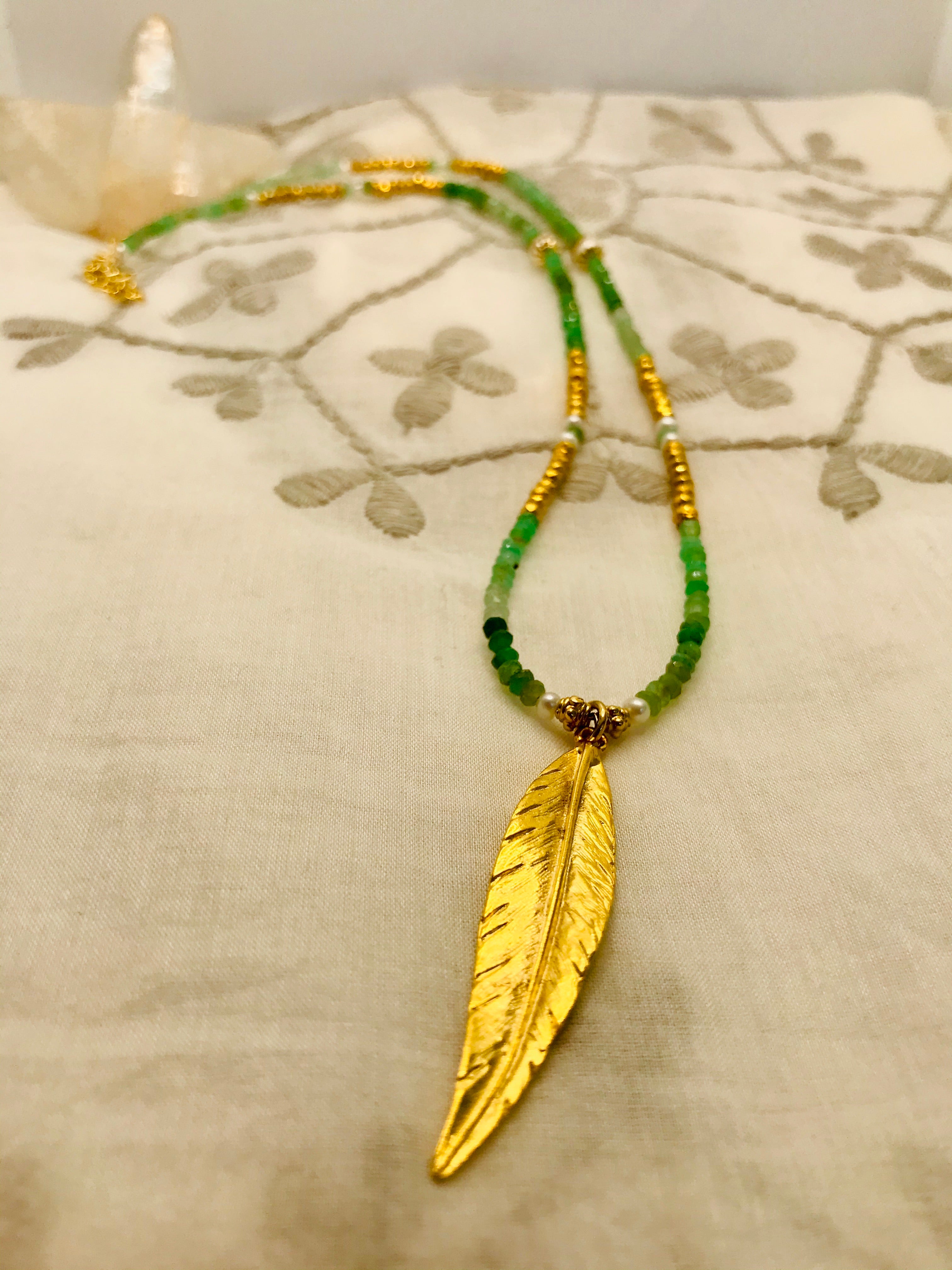 Chrysoprase long Feather Charm Necklace