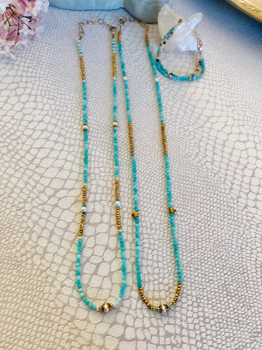 Amazonite Pyrite Long Stacking Necklace