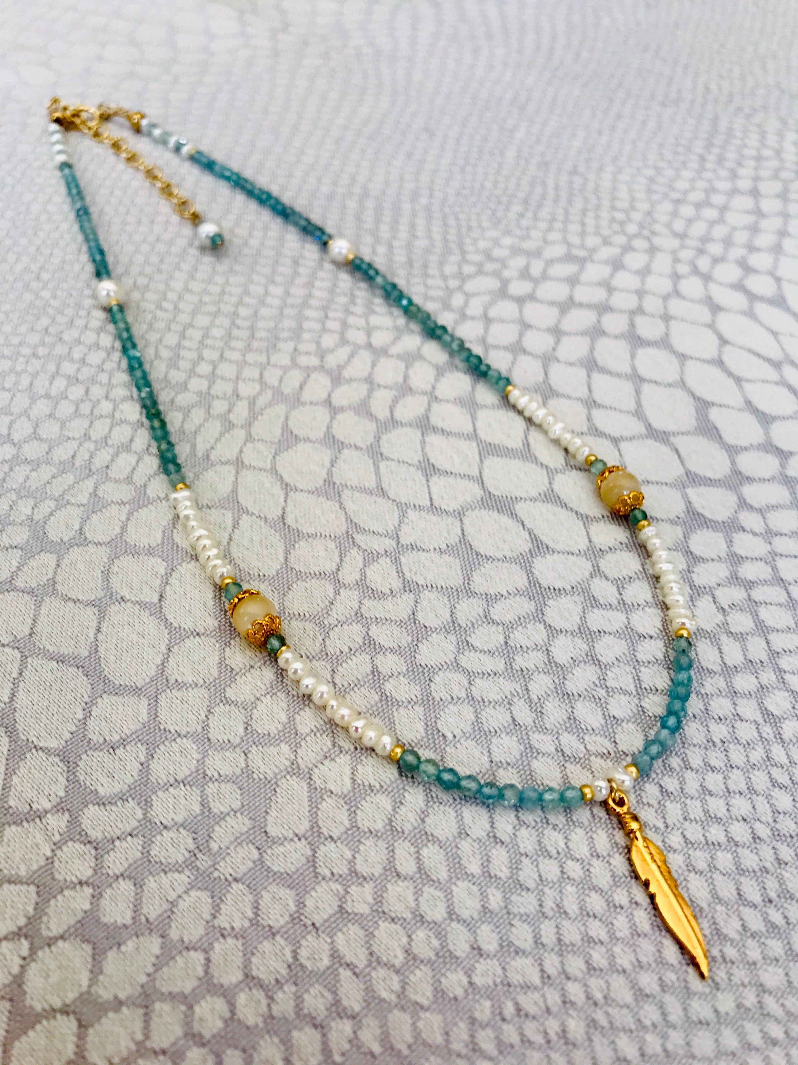 Apatite Mother of Pearl Feather Charm Necklace