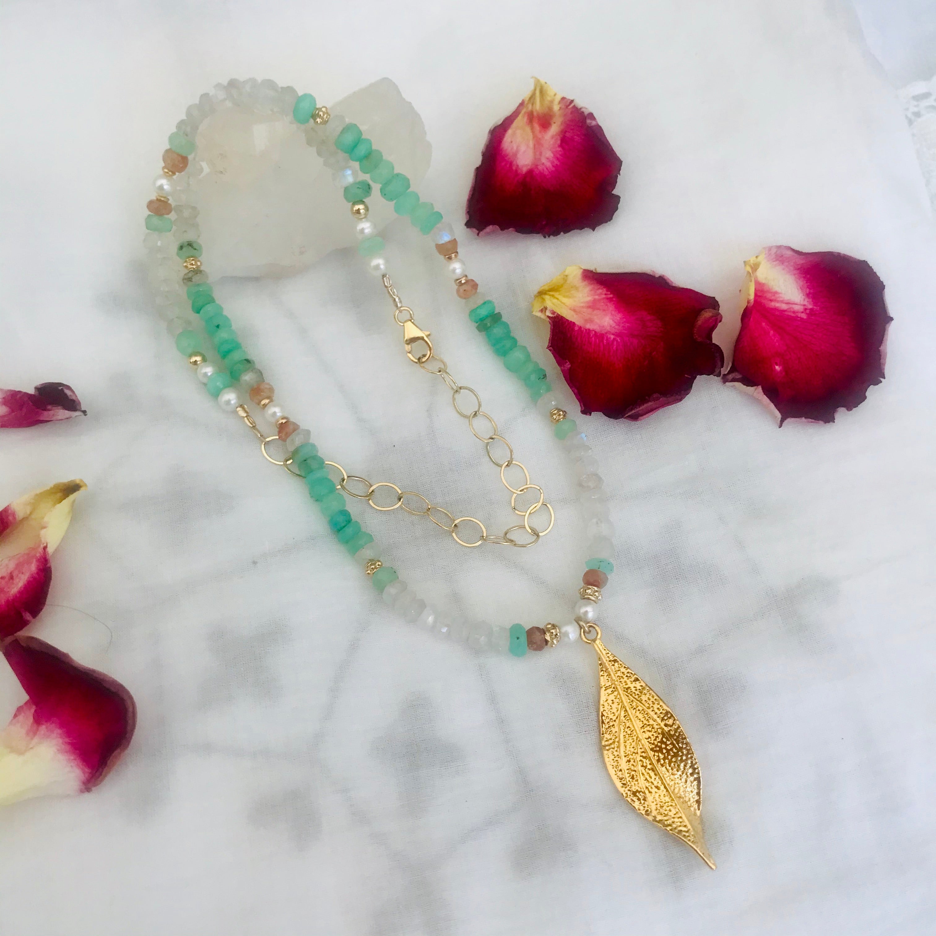 Moonstone Chrysoprase Feather Charm Necklace