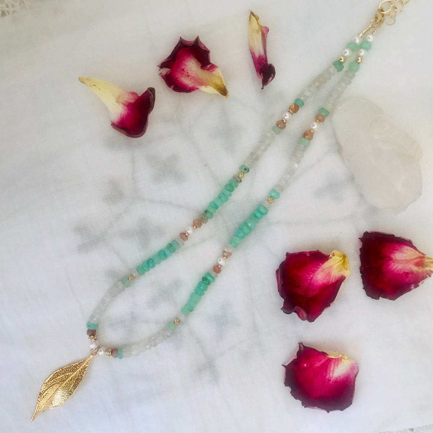 Moonstone Chrysoprase Feather Charm Necklace